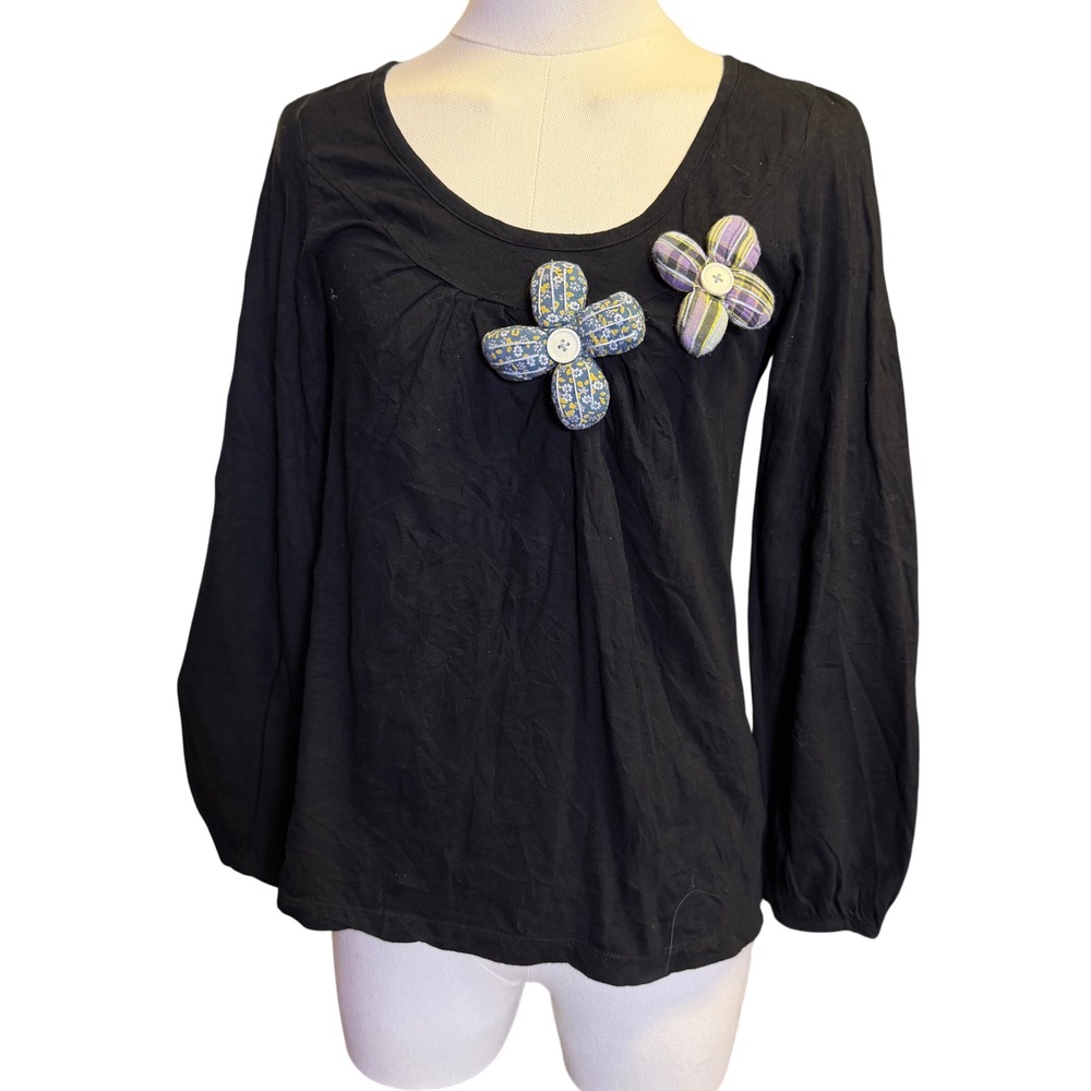 Zara Trafaluc Top Womens S Black Good Vintage 3D Puffy Flower Pleated L/S